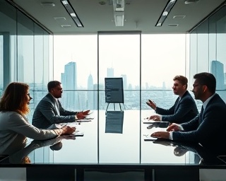 sleek agency office, professional, presenting a mission statement to a board, photorealistic, modern conference room with glass walls and skyline view, highly detailed, dynamic body language, muted colors, natural sunlight, shot with a 35mm lens