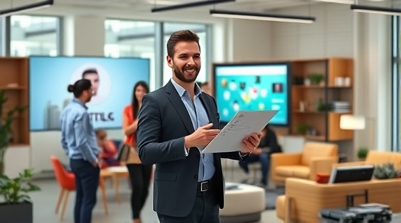 energetic marketing traffic pitch, young entrepreneur, presenting slides, photorealistic, trendy office with modern furniture, highly detailed, diverse team watching, rich natural colors, bright ambient lighting, shot with a 24-70mm lens