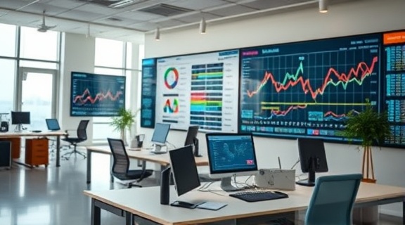 comprehensive analytics visualization, analytical and focused expression, fine-tuning data points, photorealistic, open-plan office with wall-sized data displays, highly detailed, interchanging line graphs, precise and clear colors, daylight and task lighting, shot with a 20mm lens
