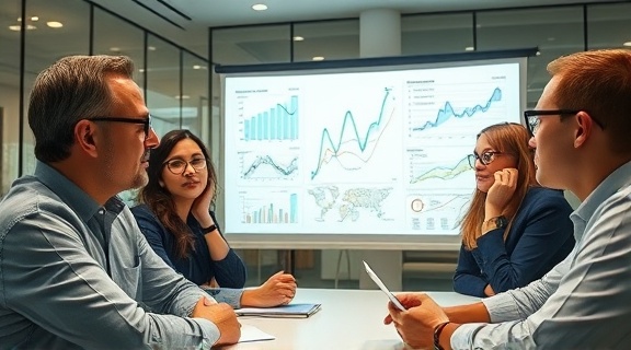 cutting-edge marketing traffic meeting, glasses-clad executives, brainstorming at a whiteboard, photorealistic, spacious conference room with glass walls, highly detailed, digital graphs projected on walls, realistic skin tones, warm indoor lighting, shot with a 35mm lens
