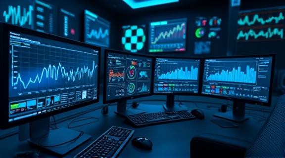 detailed trends data, analyzing, interpreting, photorealistic, data center with multiple monitors and keyboards, highly detailed, live data streams and graphic overlays, 4K resolution, cool blues, low-key lighting, shot with a 35mm lens.