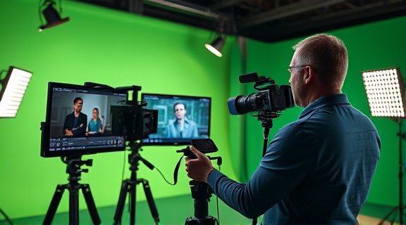 cutting-edge custom advertising, innovative, producing ads, photorealistic, high-tech studio with green screens and cameras, highly detailed, director reviewing scenes on monitor, high ISO for low-light capability, crisp and realistic colors, professional studio lights, shot with a RED Komodo 6K Camera