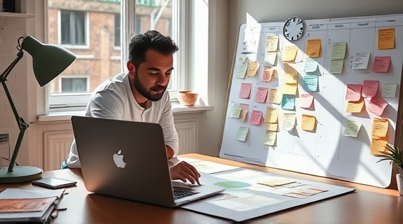dedicated content strategist, focused gaze, mapping out a content calendar, photorealistic, minimalist desk with laptop and planner, highly detailed, color-coded sticky notes, 35mm lens, sunlight through window