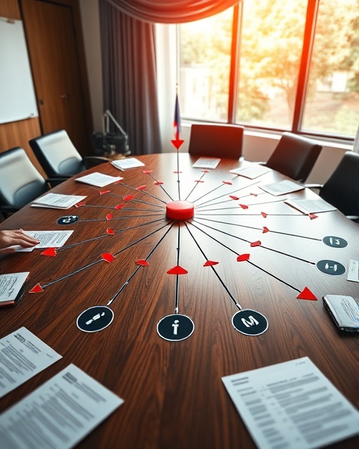 professional competitor strategy diagram, with intricate connections and strategic points, illustrating business tactics, photorealistic, on a sleek wooden conference table with scattered documents, highly detailed, moving arrows and dynamic flow, with depth of field, bold primary colors, natural daylight streaming in from a window, shot with a 35mm lens.