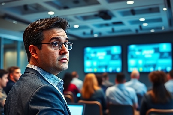 precise optimization data, curious expression, conducting a webinar, photorealistic, high-tech conference room with digital displays, highly detailed, diverse audience and presentation slides, business casual, led lighting, shot with a telephoto lens