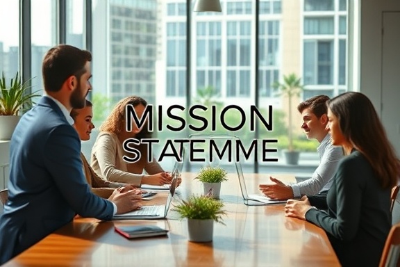symbolic representation of mission statement, empowering, highlighting core values, photorealistic, corporate office setting with diverse team collaboration, highly detailed, active teamwork dynamics, HDR quality, warm and welcoming colors, natural sunlight, shot with a 50mm lens.