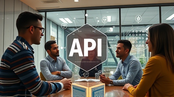 dynamic API connection, collaborative, brainstorming, photorealistic, modern meeting room with glass walls and network diagrams, highly detailed, team interaction, warm tones, overhead lighting, shot with a 24mm camera lens