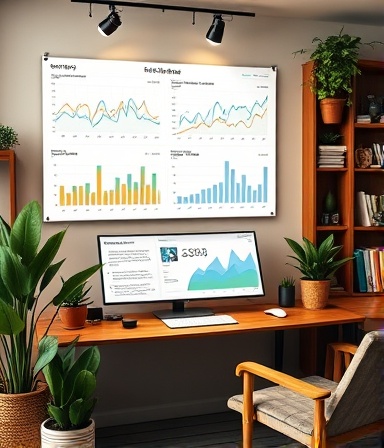 comprehensive data dashboard, thoughtful, correlating different datasets, photorealistic, cozy home office with bookshelves and plants, highly detailed, graphs updating live, high resolution, earthy colors, diffused natural lighting, shot with an 85mm lens