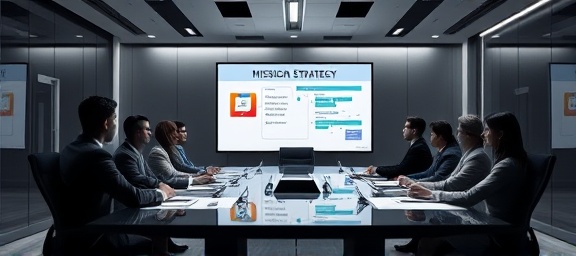 conceptual illustration of mission strategy, strategic, demonstrating planning stages, photorealistic, business meeting set in a contemporary boardroom with smart integration, highly detailed, interactive screens and planning tools, high-definition sharpness, monochromatic scheme with pops of color, balanced interior lighting, shot with a 70mm lens.