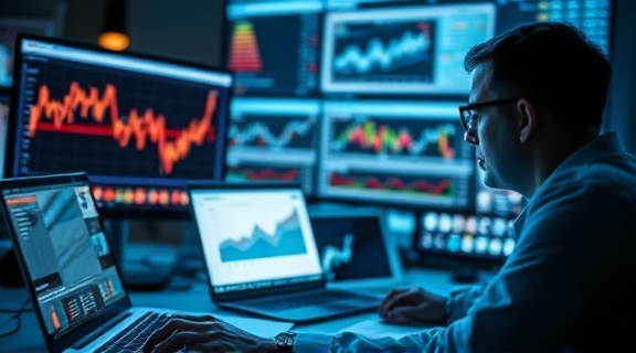 strategic promoted traffic analytics, analysts focused, reviewing charts on laptops, photorealistic, high-tech workspace with multiple devices, highly detailed, screen reflections, cool color temperature, focused artificial lighting, shot with a macro lens
