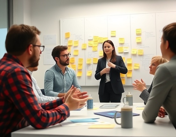 creative content strategy meeting, collaborative mood, brainstorming with sticky notes, photorealistic, bright conference room with whiteboards, highly detailed, animated gestures and conversations, 35mm lens, ambient lighting