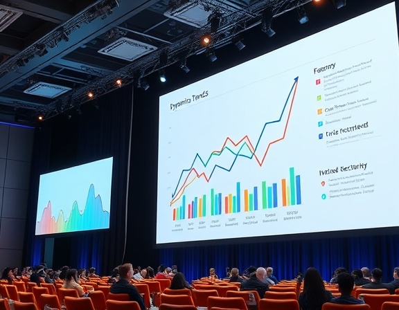 dynamic trends diagram, emphasizing, illustrating, photorealistic, conference hall with a large projector screen, highly detailed, animated graphs and markers, 8K resolution, mixed colors, spotlight lighting, shot with a 70-200mm lens.
