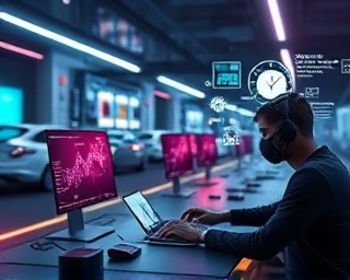 futuristic promoted traffic technology, developer coding, building an app, photorealistic, minimalist tech lab with holographic displays, highly detailed, floating icons and buttons, sleek cyber aesthetic, ambient LED lighting, shot with a 50mm lens
