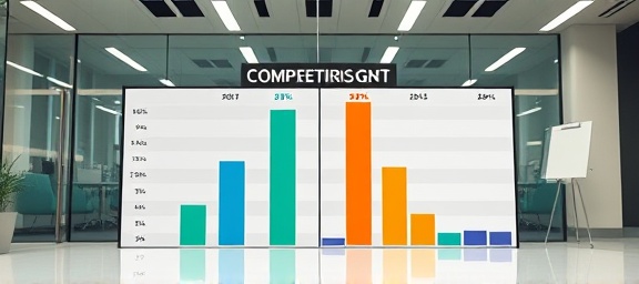 informative competitor comparison chart, with juxtaposing bars and labels, comparing key metrics, photorealistic, in a modern office with glass walls and a whiteboard, highly detailed, animated percentages and symbols, captured in focus stacking mode, contrasting colors, cool LED lighting, shot with a 24mm lens.