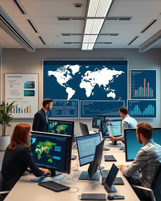 digital location marketing, innovative, showing data insights, photorealistic, modern office workspace with computers and whiteboards, highly detailed, people discussing strategies, crisp lines, muted color palette, bright overhead lighting, shot with a 50mm lens