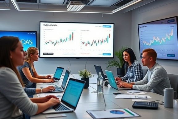 interactive analytics metrics, engaged team, reviewing statistics, photorealistic, collaborative workspace with laptops and projectors, highly detailed, fluctuating data tables, balanced and professional colors, well-lit with overhead lights, shot with a 24mm lens