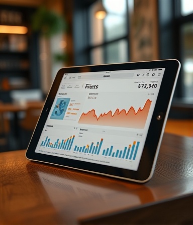 informative realtime analytics, representing social media engagement, with real-time updates, photorealistic, displayed on a sleek tablet in a trendy café, highly detailed, dynamic graphs and charts, HDR quality, warm color palette, diffused sunlight, shot with a macro lens