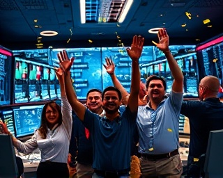 triumphant team, joyful, celebrating mission success, photorealistic, mission control room filled with monitors and data, highly detailed, confetti and high fives, vibrant colors, high contrast lighting, shot with a 24mm lens