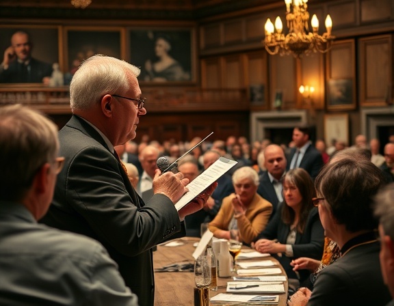 Auctioneer at ad auction, calling out prices, focused, photorealistic, vintage auction house with wooden decor, highly detailed, lively audience participation, Leica SL2, warm colors, overhead lighting, shot with a 75mm lens.