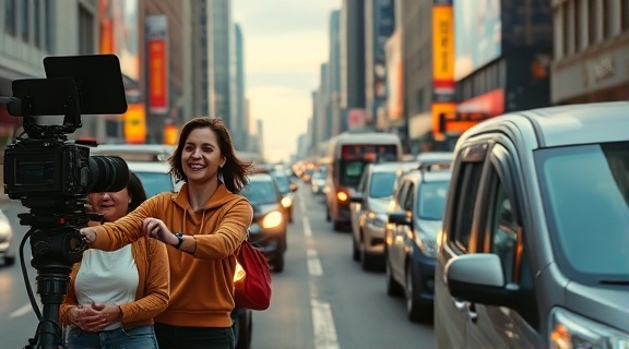 vibrant traffic agency advertisement, actors expressing joy, filming a commercial, photorealistic, busy city street with branded vehicles, highly detailed, motion capture rigs, bright and colorful, mixed lighting, shot with an 18-55mm lens
