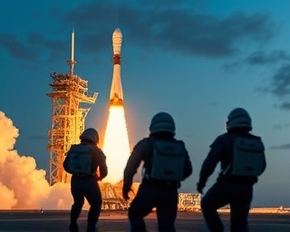 resilient astronauts, focused, launching a satellite into orbit, photorealistic, launch pad with rocket and control towers, highly detailed, smoke and flames from the launch, dusk lighting, shot with a 70-200mm lens