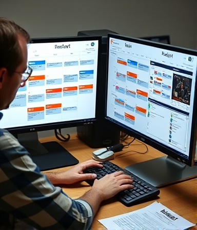 organized content manager, concentrated look, scheduling posts on a digital calendar, photorealistic, tech-filled desk with dual screens, highly detailed, notification pop-ups, 85mm lens, even lighting