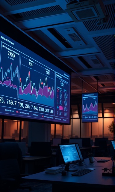 efficient analytics dashboard, intense, crunching numbers, photorealistic, corporate-setting with large projection screens, highly detailed, data points fluctuating in real-time, 4K resolution, neon blue highlights, evening office lighting, shot with a 24mm lens