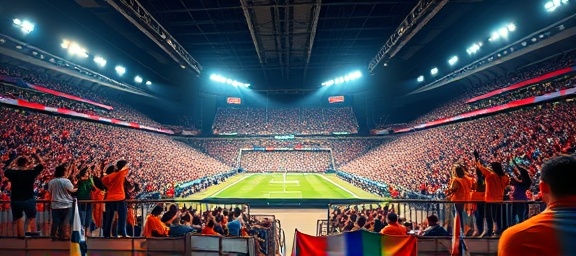 dynamic banner graphic, energetic vibe, animated, photorealistic, sports stadium full of cheering fans in the background, highly detailed, movement and motion blur, vivid and contrasting colors, spotlight lighting, shot with a 70-200mm lens.
