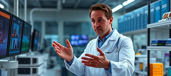 passionate scientist, explaining, detailing the mission goal in a lab, photorealistic, high-tech laboratory with screens and equipment, highly detailed, animated gestures, bright and clean colors, laboratory lights, shot with a 85mm lens