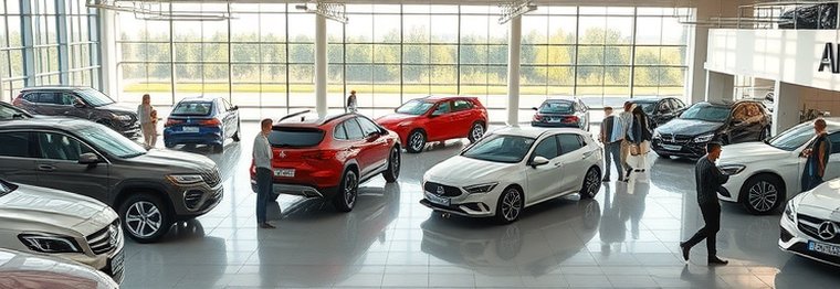 Modern autodealer showroom with people and vehicles, vibrant atmosphere.