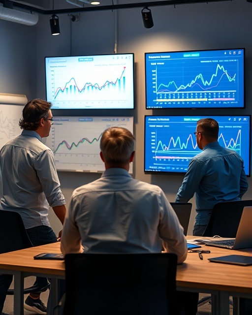 comprehensive seo metrics, engaged discussions, analyzing trends, photorealistic, collaborative workspace with whiteboards, highly detailed, fluctuating line graphs on screens, 8K resolution, diverse hues, spotlight effect, shot with a 24mm wide-angle lens